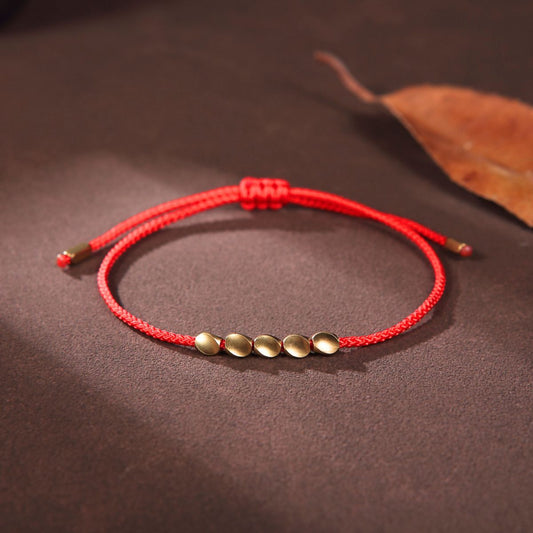 Buddha & Karma Five Lucky Beads Copper Bracelet - Blue & Red String
