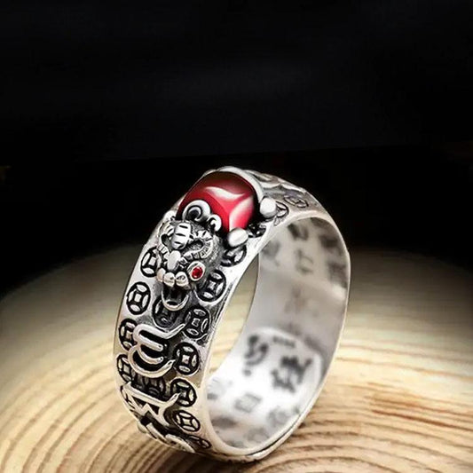 Buddha & Karma Natural Garnet 990 Sterling Silver Pixiu Ring - Feng Shui Wealth Ring