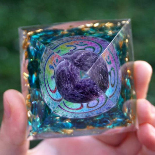 Buddha & Karma Amethyst Orgonite Pyramid - Orgone Energy Generator