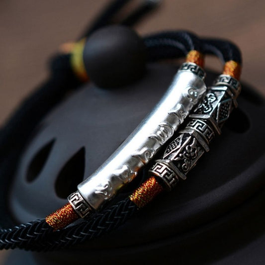 Buddha & Karma Tibetan Mantra Sterling Silver Double Bracelet - For Luck & Protection
